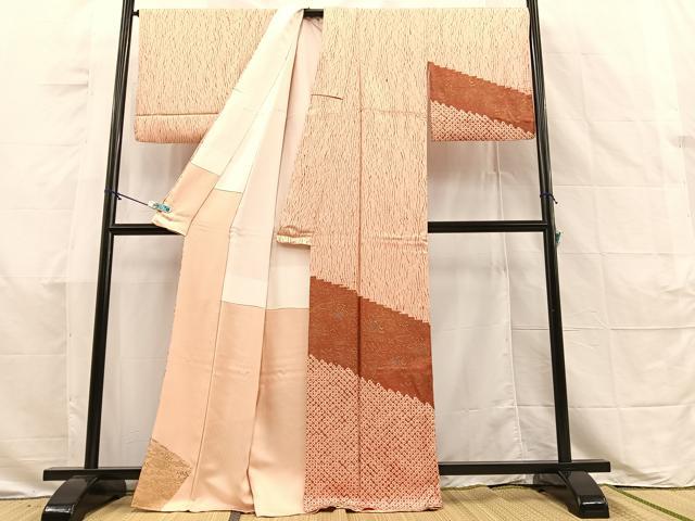 2895］訪問着 杢目絞り 刺繍 扇面花 金彩 正絹 着物 袷
