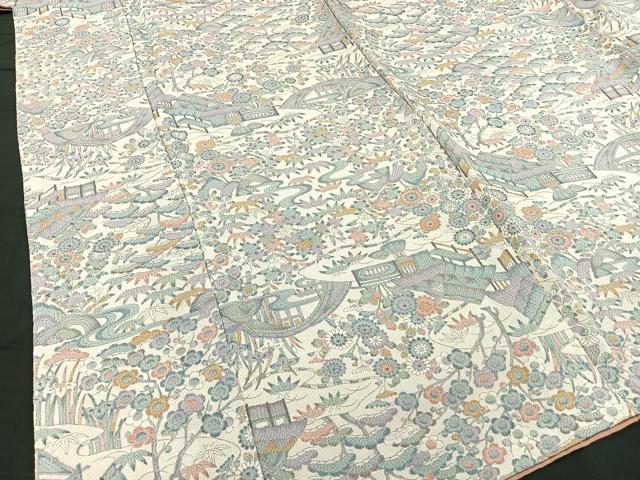 平和屋着物□上質な小紋 風景草花文 鬼しぼ縮緬 正絹 逸品