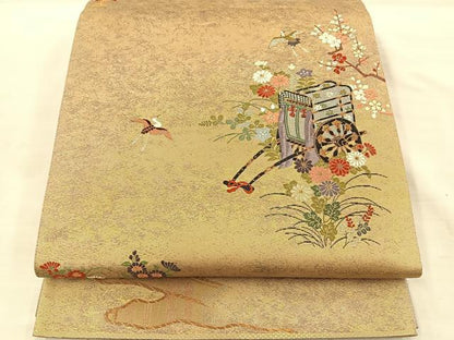 平和屋着物◎太鼓柄袋帯 彩瀞箔 御所車花鳥文 正絹 逸品 BAAS6054fc