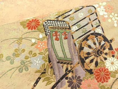平和屋着物◎太鼓柄袋帯 彩瀞箔 御所車花鳥文 正絹 逸品 BAAS6054fc