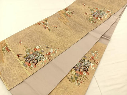 平和屋着物◎太鼓柄袋帯 彩瀞箔 御所車花鳥文 正絹 逸品 BAAS6054fc