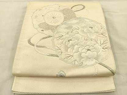 平和屋着物◎太鼓柄袋帯 総駒刺繍 鏡裏花文 銀糸 正絹 逸品 BAAS6073fc
