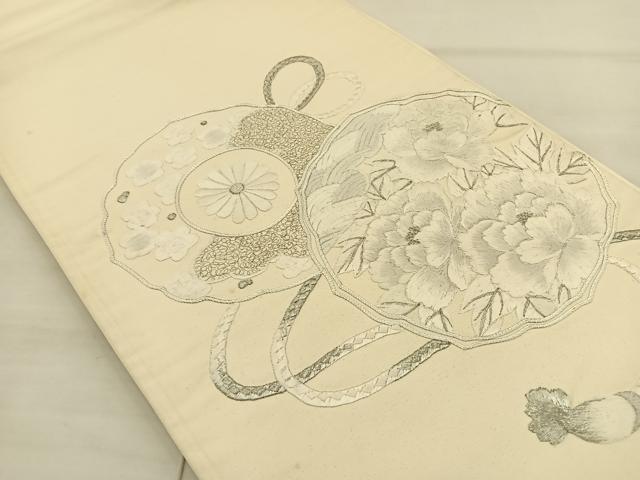平和屋着物◎太鼓柄袋帯 総駒刺繍 鏡裏花文 銀糸 正絹 逸品 BAAS6073fc