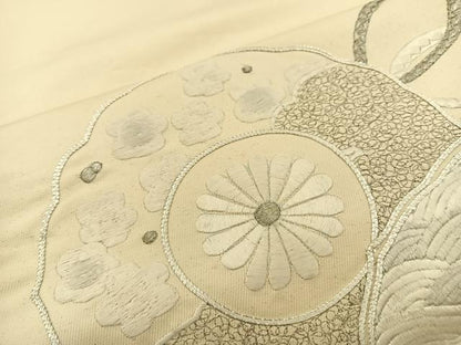 平和屋着物◎太鼓柄袋帯 総駒刺繍 鏡裏花文 銀糸 正絹 逸品 BAAS6073fc