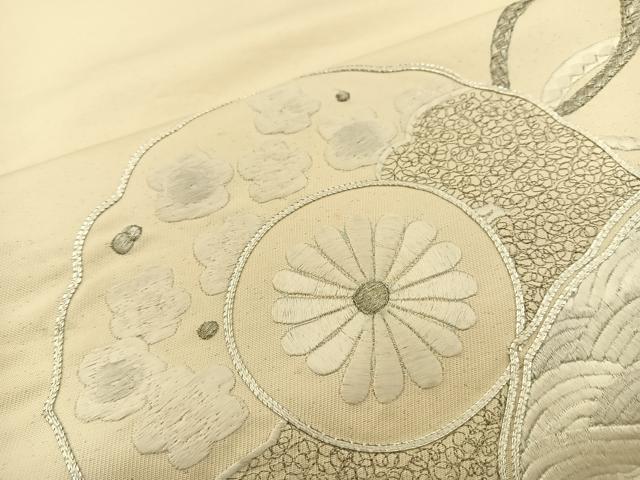 平和屋着物◎太鼓柄袋帯 総駒刺繍 鏡裏花文 銀糸 正絹 逸品 BAAS6073fc