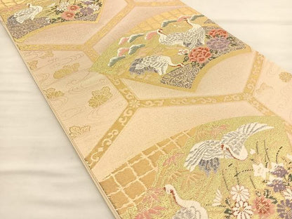 平和屋着物◎六通柄袋帯 唐織 群鶴花文 金糸 正絹 逸品 BAAS6189fc