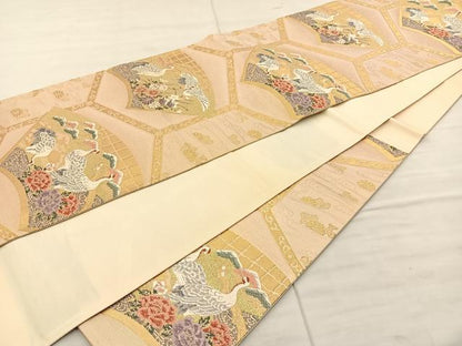平和屋着物◎六通柄袋帯 唐織 群鶴花文 金糸 正絹 逸品 BAAS6189fc