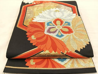 平和屋着物◎六通柄袋帯 唐織 亀甲花文 黒地 金銀糸 正絹 逸品 BAAS6194fc