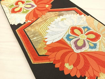 平和屋着物◎六通柄袋帯 唐織 亀甲花文 黒地 金銀糸 正絹 逸品 BAAS6194fc