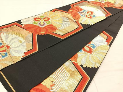平和屋着物◎六通柄袋帯 唐織 亀甲花文 黒地 金銀糸 正絹 逸品 BAAS6194fc