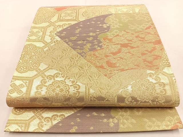 平和屋着物◎六通柄袋帯 地紙花鳥文 金糸 三越扱い 正絹 逸品 BAAS6343hj