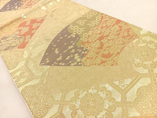 平和屋着物◎六通柄袋帯 地紙花鳥文 金糸 三越扱い 正絹 逸品 BAAS6343hj