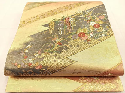 平和屋着物◎六通柄袋帯 唐織 秋草文 金銀糸 正絹 逸品 BAAS6357hj