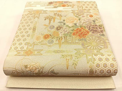 平和屋着物◎太鼓柄袋帯 綴れ 格天井花車文 金彩 正絹 逸品 BAAS6392hj