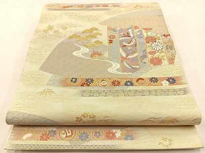 平和屋着物◎六通柄袋帯 唐織 瑞祥聚楽文 九百別織 金糸 正絹 逸品 BAAS6394hj