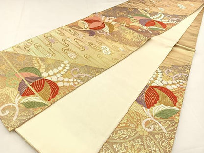 平和屋着物◎六通柄袋帯 唐織 桐 桜流し 金糸 正絹 逸品 BAAS6399hj