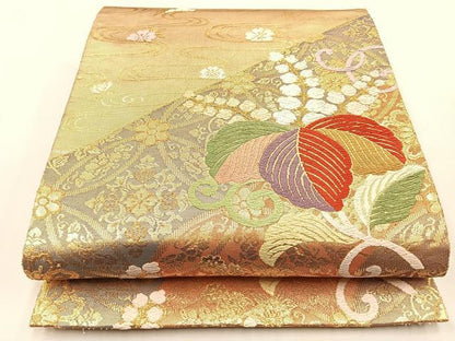 平和屋着物◎六通柄袋帯 唐織 桐 桜流し 金糸 正絹 逸品 BAAS6399hj