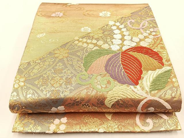 平和屋着物◎六通柄袋帯 唐織 桐 桜流し 金糸 正絹 逸品 BAAS6399hj