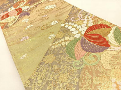 平和屋着物◎六通柄袋帯 唐織 桐 桜流し 金糸 正絹 逸品 BAAS6399hj