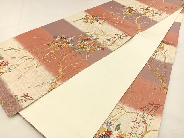 平和屋着物◎六通柄袋帯　唐織　枝垂れ柳花籠文　金糸　正絹　逸品　BAAS6400hj