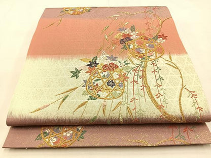 平和屋着物◎六通柄袋帯　唐織　枝垂れ柳花籠文　金糸　正絹　逸品　BAAS6400hj