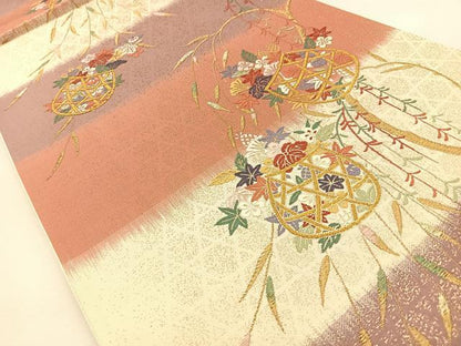 平和屋着物◎六通柄袋帯　唐織　枝垂れ柳花籠文　金糸　正絹　逸品　BAAS6400hj