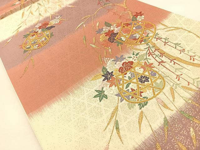 平和屋着物◎六通柄袋帯　唐織　枝垂れ柳花籠文　金糸　正絹　逸品　BAAS6400hj