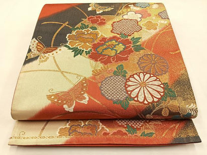 平和屋着物◎六通柄袋帯 唐織 花蝶文 金糸 正絹 逸品 BAAS6402hj