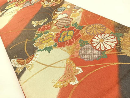 平和屋着物◎六通柄袋帯 唐織 花蝶文 金糸 正絹 逸品 BAAS6402hj