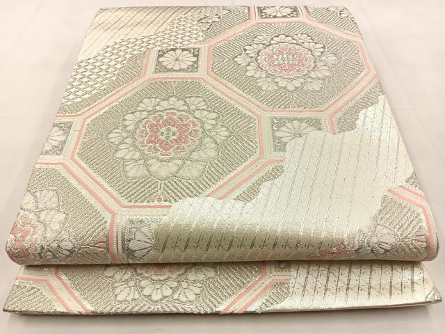 平和屋着物◎六通柄袋帯　唐織　蜀江花文　銀糸　正絹　逸品　BAAS6421hj
