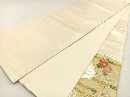 平和屋着物◎太鼓柄袋帯 総刺繍 駒刺繍 笹竹菊文 金糸 引箔 正絹 逸品 BAAS6435hj