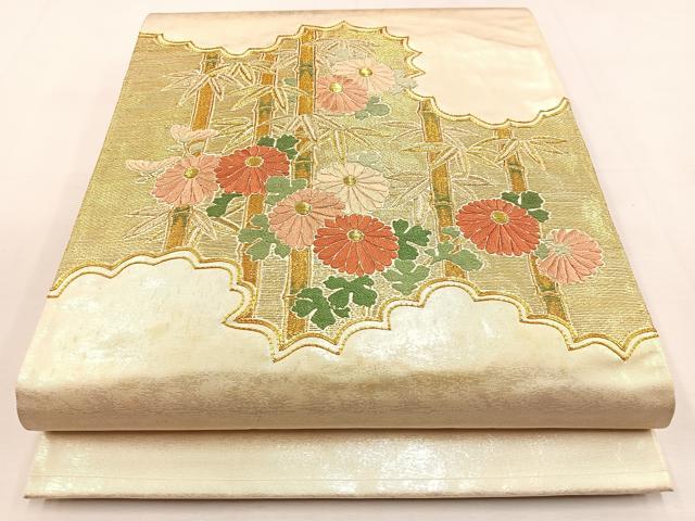平和屋着物◎太鼓柄袋帯 総刺繍 駒刺繍 笹竹菊文 金糸 引箔 正絹 逸品 BAAS6435hj
