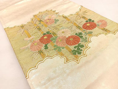 平和屋着物◎太鼓柄袋帯 総刺繍 駒刺繍 笹竹菊文 金糸 引箔 正絹 逸品 BAAS6435hj