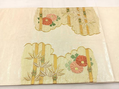 平和屋着物◎太鼓柄袋帯 総刺繍 駒刺繍 笹竹菊文 金糸 引箔 正絹 逸品 BAAS6435hj