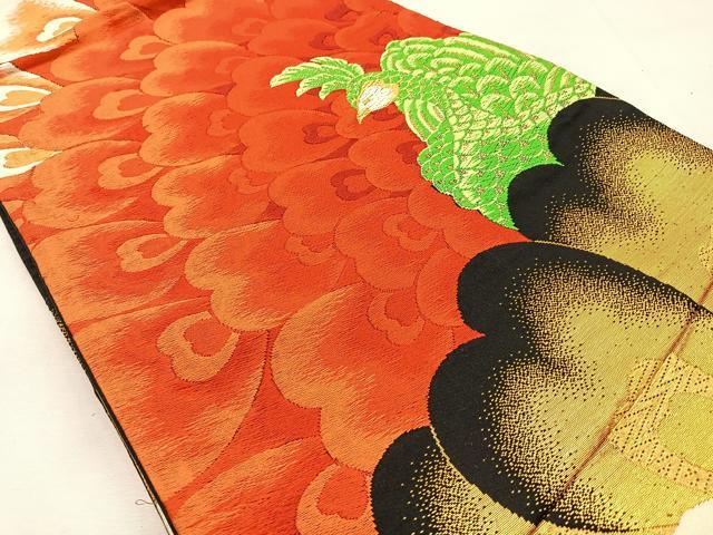 平和屋着物◎六通柄 京袋帯 唐織 孔雀 黒地 金糸 正絹 逸品 BAAS6439hj