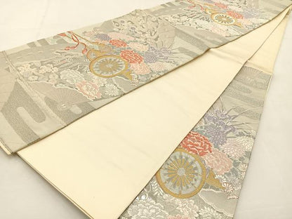 平和屋着物◎六通柄袋帯 唐織 花車文 プラチナ箔 九百錦 正絹 逸品 BAAS6440hj
