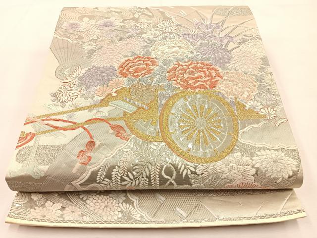 平和屋着物◎六通柄袋帯 唐織 花車文 プラチナ箔 九百錦 正絹 逸品 BAAS6440hj
