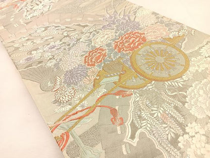 平和屋着物◎六通柄袋帯 唐織 花車文 プラチナ箔 九百錦 正絹 逸品 BAAS6440hj
