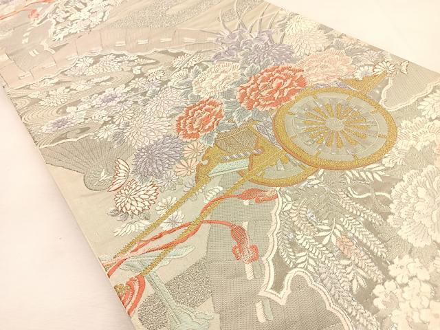 平和屋着物◎六通柄袋帯 唐織 花車文 プラチナ箔 九百錦 正絹 逸品 BAAS6440hj