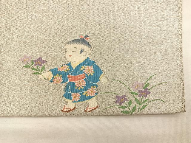 平和屋着物◎太鼓柄袋帯　童子　銀糸　正絹　逸品　BAAS7291hz