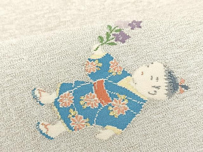 平和屋着物◎太鼓柄袋帯　童子　銀糸　正絹　逸品　BAAS7291hz