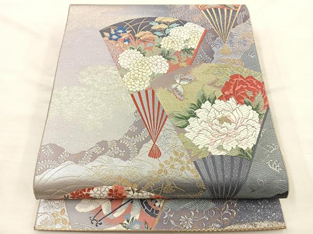 平和屋着物◎六通柄袋帯 唐織 扇面花蝶文 金銀糸 正絹 逸品 BAAS7307hz
