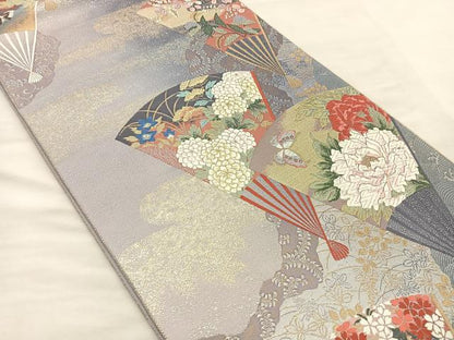 平和屋着物◎六通柄袋帯 唐織 扇面花蝶文 金銀糸 正絹 逸品 BAAS7307hz