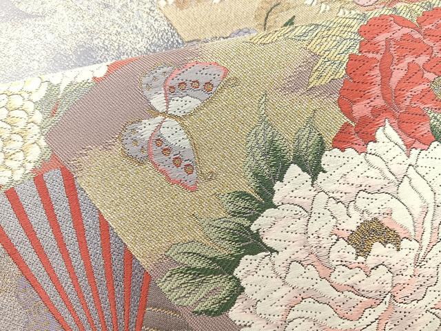 平和屋着物◎六通柄袋帯 唐織 扇面花蝶文 金銀糸 正絹 逸品 BAAS7307hz