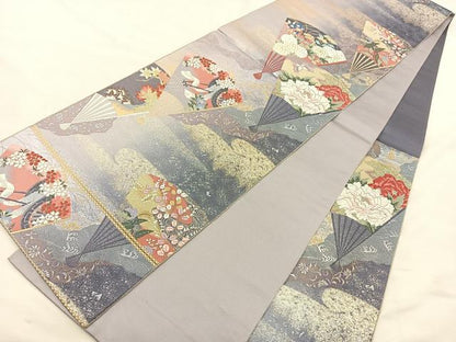 平和屋着物◎六通柄袋帯 唐織 扇面花蝶文 金銀糸 正絹 逸品 BAAS7307hz