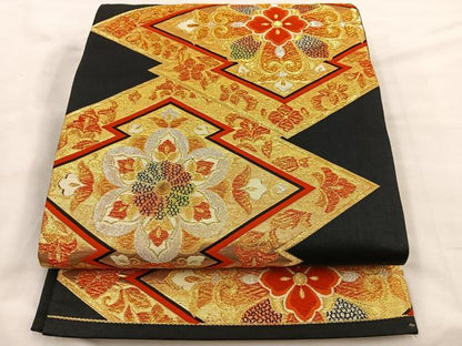 平和屋着物◎六通柄袋帯　唐織　松皮菱花文　黒地　金糸　正絹　逸品　BAAS7317hz