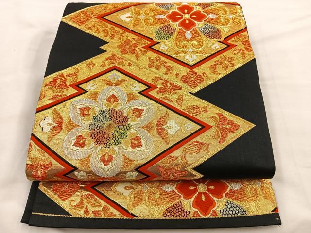 平和屋着物◎六通柄袋帯　唐織　松皮菱花文　黒地　金糸　正絹　逸品　BAAS7317hz
