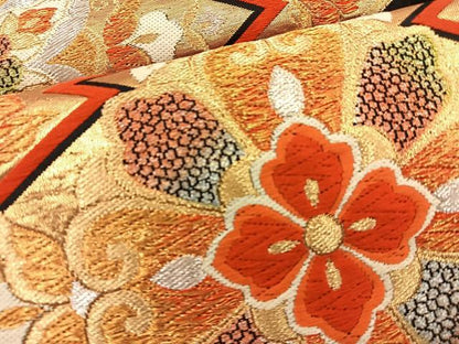 平和屋着物◎六通柄袋帯　唐織　松皮菱花文　黒地　金糸　正絹　逸品　BAAS7317hz