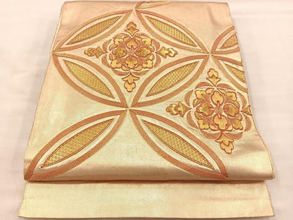 平和屋着物◎太鼓柄袋帯　総駒刺繍　七宝花文　金糸　引箔　三越扱い　正絹　逸品　BAAS7325hz
