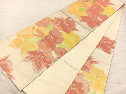 平和屋着物◎六通柄袋帯 草花文 銀糸 正絹 逸品 BAAS7329hz